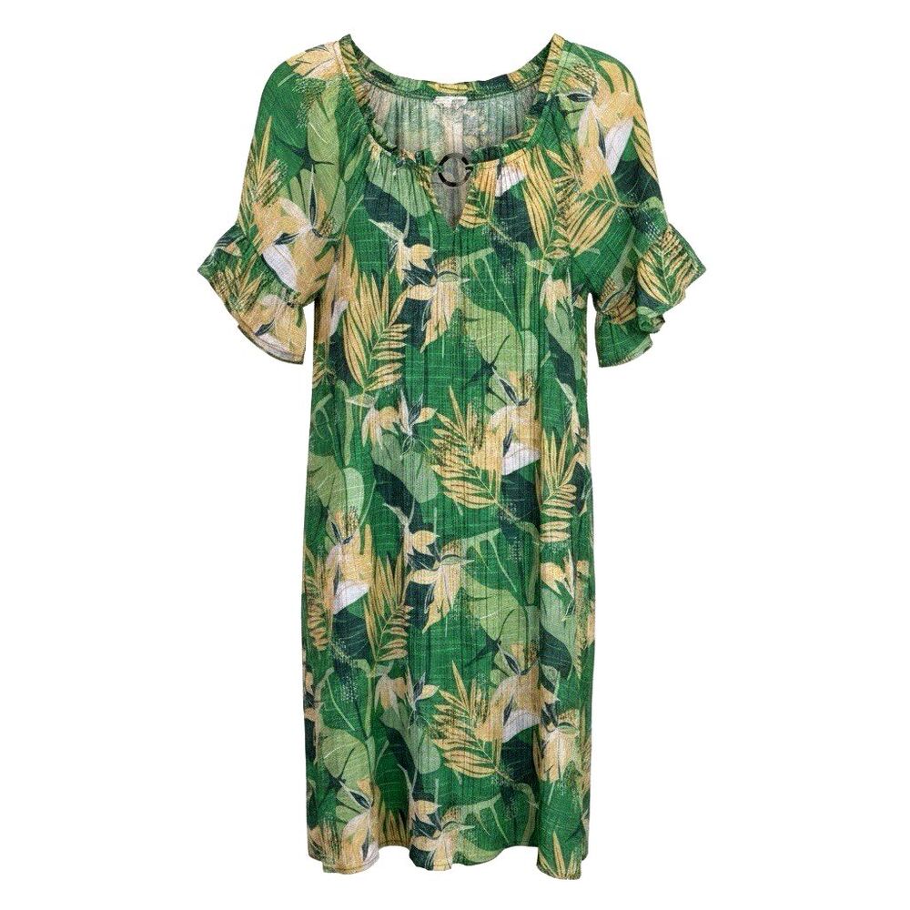 Naif Tropical Floral Shift Dress Womens Medium Green Yellow Ruffle Sleeve Boho